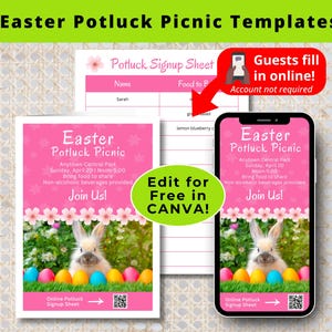May include: A pink and white printable invitation for an Easter potluck picnic. The invitation features a bunny rabbit, Easter eggs, and a QR code. The text on the invitation reads "Easter Potluck Picnic" and "Anytown Central Park, Sunday, April 20, Noon-8:00. Bring food to share. Non-alcoholic beverages provided. Join Us!"