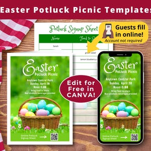 以下が含まれることがあります： 緑色の背景とカラフルな卵の入ったバスケットを持つ、編集可能なイースターポットラックピクニックテンプレート。テキストには「CANVAで無料で編集！」「ゲストはオンラインで記入！アカウントは不要です」と表示されています。