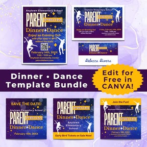 Modelos Canva editáveis para jantar dançante | Modelos para baile de formatura dos pais | Folheto para festa dançante | Convite para jantar | Cartão postal | Mídia social | Cartão de lugar