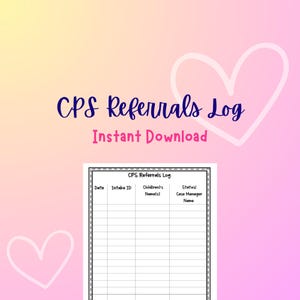 Puede incluir: Una hoja de registro imprimible en blanco y negro con el título "CPS Referrals Log" y los encabezados de columna "Fecha", "ID de admisión", "Nombre(s) de los niños", "Estado" y "Nombre del administrador de casos".