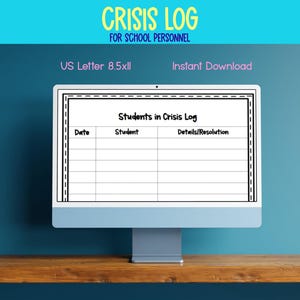 Op de afbeelding: Een computermonitor toont een digitaal document met de titel Students in Crisis Log met kolommen voor Date, Student en Details/Resolution. Het document heeft een zwarte stippellijn als rand op een witte achtergrond en meet 21,59 bij 27,94 cm.