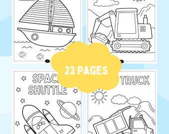 May include: A coloring book with 23 pages featuring black and white illustrations of a boat, a digger, a space shuttle, and a truck. The title of each page is written in large, bold letters.