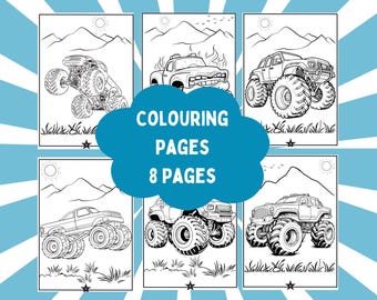 Puede incluir: Ocho páginas para colorear en blanco y negro con camiones monstruo. Las páginas incluyen un título que dice "Páginas para colorear 8 páginas".