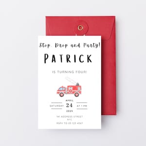 Fire Truck 4th Birthday Invitation, Watercolor Fire Engine (Digital Download)