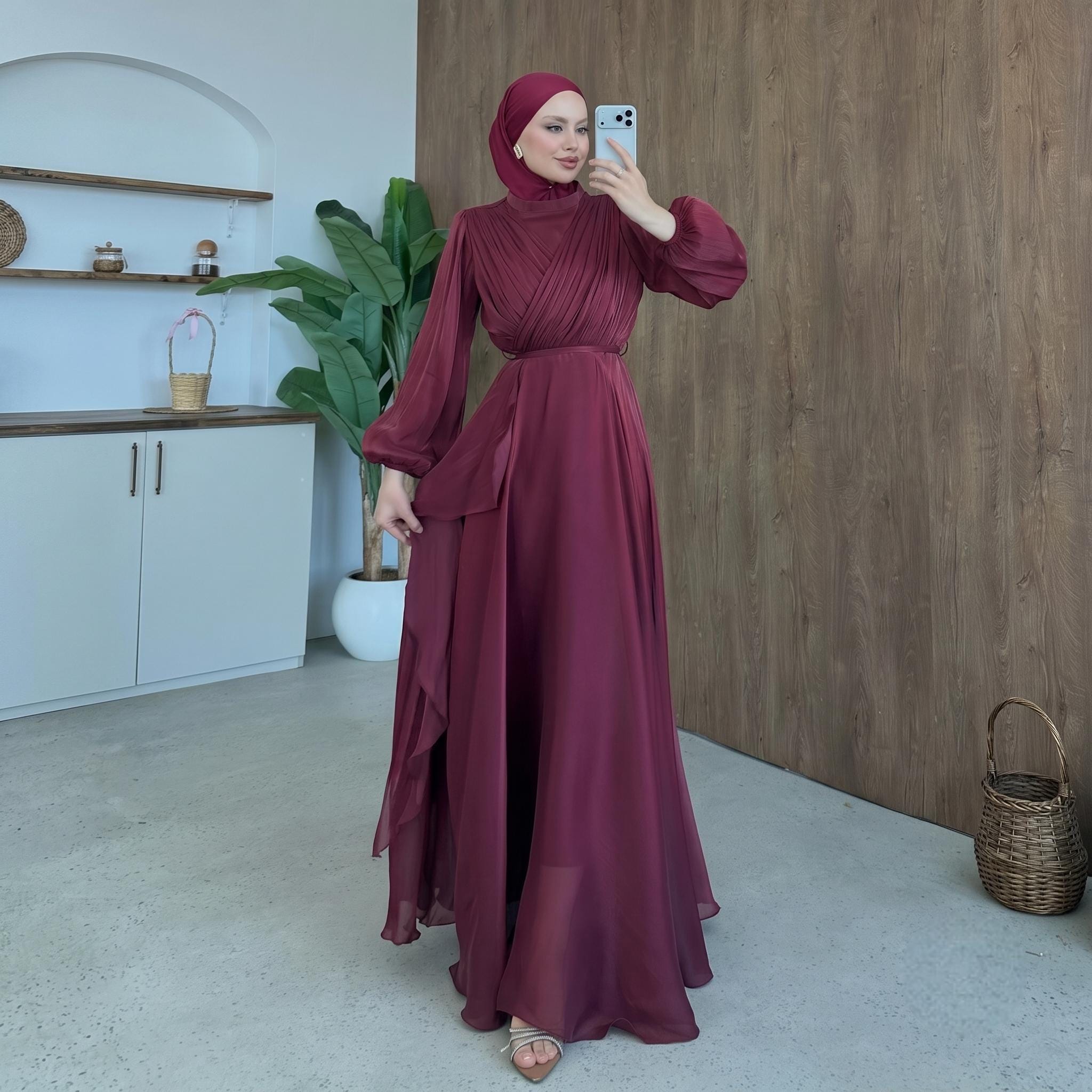 Burgundy Muslim Dress With Hijab