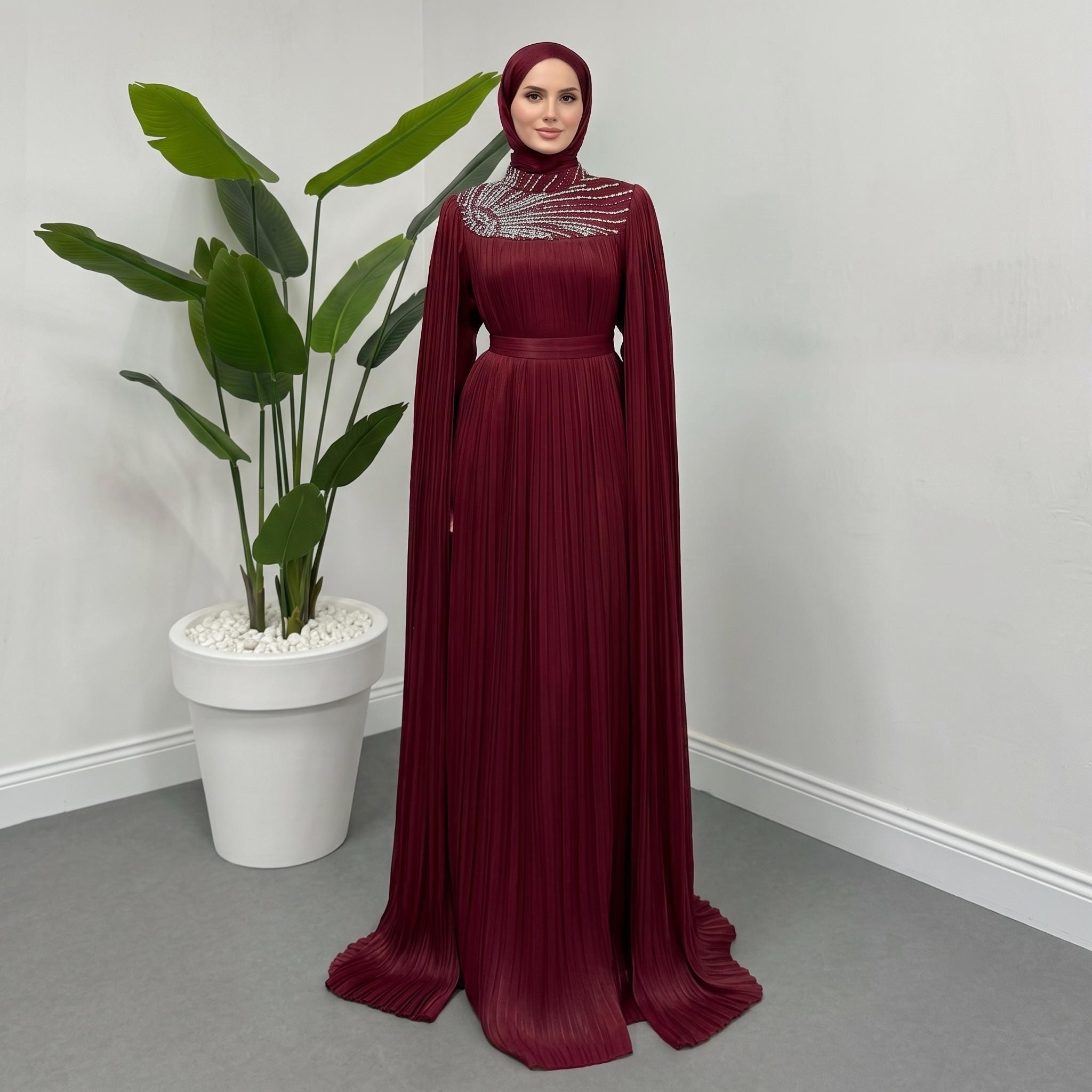 burgundy hijab dress Muslim With On Closure Shoe size:10.5 Elegant Long Sleeve Wedding Dresses Satin Women's Bridal Clothing |