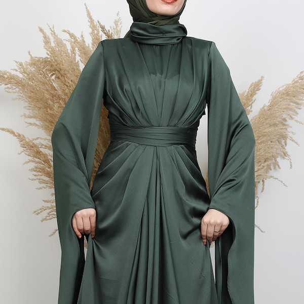 Vestido de noche modesto de lujo, abaya, caftán, manga larga, hiyab, elegante, para invitadas a bodas islámicas, apto para hiyab, estilo Dubái, Nikkah.