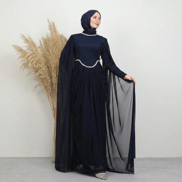 Vestido de noche modesto de lujo, abaya, caftán, manga larga, hiyab, elegante, para invitadas a bodas islámicas, apto para hiyab, estilo Dubái, Nikkah.