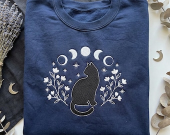 Moon Phases Cat Embroidered Hoodie, Navy Blue Celestial Sweatshirt, Floral Night Sky Apparel, Moon Cycle Kitty Embroidery, Witchy Aesthetic