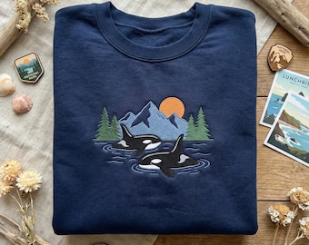 Orca Embroidered Sweatshirt, Killer Whale Pair Nature Design Jumper, Mountain Ocean Marine Wildlife Hoodie