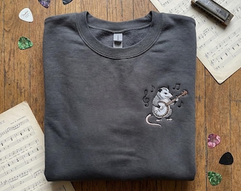 Possum Banjo Player Embroidered Sweatshirt, Opossum Musician Crewneck, Folk Bluegrass Music Lover Gift, Unique Animal Sweater