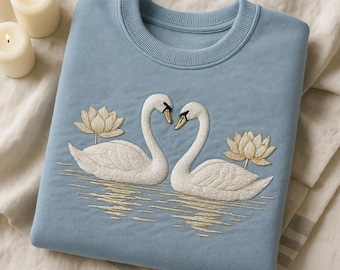 Embroidered Swan Love Sweatshirt, Lotus Flower Hoodie, Romantic Couple Bird Sweater, Wedding Anniversary Gift, Nature Crewneck