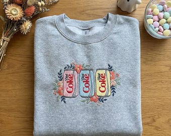 Sudadera con flores bordadas y latas de Coca-Cola Light, cuello redondo floral para refrescos, suéter vintage para amantes de los refrescos, bonito jersey para regalar.