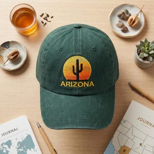 Arizona Desert Embroidered Wash Dad Cap, Cactus Sunset Baseball Hat, Southwest Adventure Travel Gift
