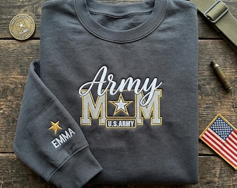 Custom Army Mom Embroidered Sweatshirt, Personalized Military Mom Gift, US Army Wife Crewneck, Soldier Mother Gift, Custom Sleeve Name
