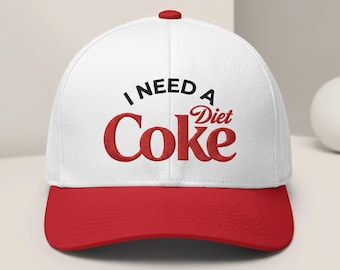 I Need A Diet Coke Hat, Soda Lover Baseball Cap, Pop Culture Embroidery, Funny Slogan Cap, Diet Coke Gift, Two Tone Red Bill Hat