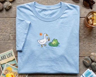 Embroidered T Shirt, Goose and Frog Tee, Cottagecore Lily Pad Shirt, Summer Pond Pals Apparel, Cute Frog Friend Gift, Chill Animal Top
