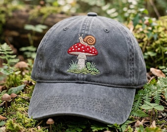 Embroidered Caterpillar and Snail Hat, Red Mushroom Baseball Cap, Forest Friends Gift, Nature Lover Headwear, Cute Art, Washed Dad Cap