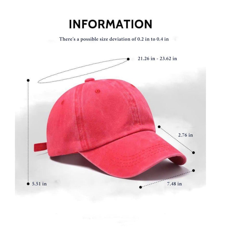 May include: A red baseball cap with a curved brim. The cap measures 21.26 to 23.62 inches in circumference, 5.51 inches in height, and 7.48 inches in length. The brim is 2.76 inches long. The image includes the word "INFORMATION".