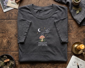 Midnight Watering Shirt, Embroidered T Shirt, Cute Mushroom Tee, Moon Spore Clothes, Cottagecore Plant Top, Magic Fungi Gardening Gift