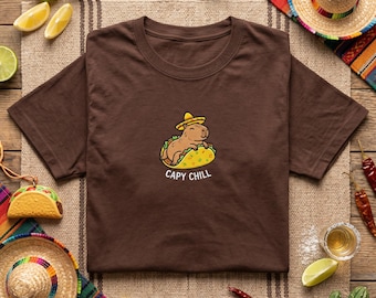 Embroidered T shirt, Capy Chill Shirt, Taco Capybara Tee, Funny Relaxed Animal T-Shirt, Mexican Fiesta Clothing, Cute Capybara Food Gift