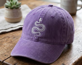 Embroidered Wash Dad Cap, Snake Skeleton Hat, Serpent Bone Embroidery, Gothic Viper Cap, Reptile Lover, Witchy Aesthetic, Skeletal Snake Art
