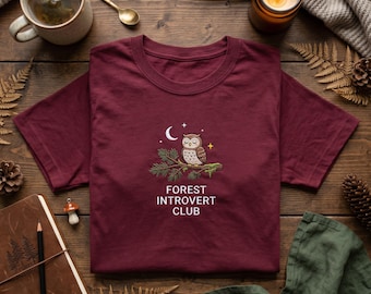 Embroidered T Shirt, Forest Introvert Club, Cute Owl Shirt, Night Forest Tee, Cottagecore Bird Top, Nature Lover Gift