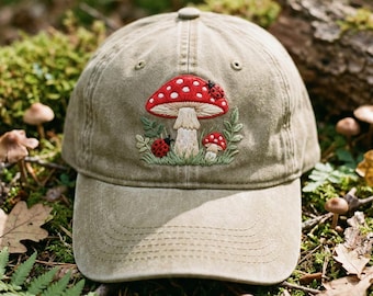 Chapeau champignon brodé, Casquette de baseball nature coccinelle, Cadeau de noyau forestier, Broderie botanique, Chapeau amateur d'extérieur, Casquette papa délavée
