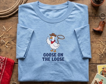 Goose on the Loose Embroidered T Shirt, Lasso Cowboy Goose Shirt, Western Bandana Tee, Rodeo Animal Top, Funny Outlaw Bird Clothing