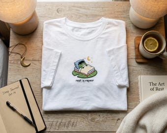 Embroidered T shirt, Rest Is Repair, Cute Frog Sleeping Tee, Sleep Journal Gift, Lilypad Frog Bed Shirt, Mental Health Self Care
