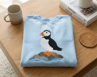Embroidered Puffin Sweatshirt, Atlantic Sea Bird Crewneck, Coastal Nature Lover Hoodie, Bird Watcher Gift, Nautical Wildlife Apparel