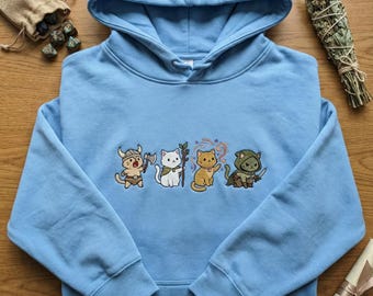 Adventure Cats Embroidered Sweatshirt, Barbarian Druid Hoodie, RPG Gaming Crewneck, Tabletop Nerd Gift, Fantasy Animal Top