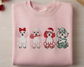 Embroidered Poodle Christmas Sweatshirt, Four Dog Holiday Shirt, Cute Poodle Family Crewneck, Cartoon Puppy Xmas Gift