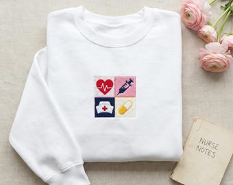 Embroidered Medical Icons Sweatshirt, Nursing Symbol Hoodie, Healthcare Professional Gift, Nurse Practitioner Apparel, Medical Collage Shirt