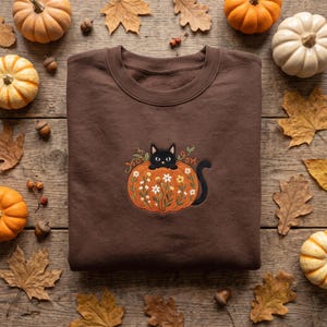 May include: A dark brown crewneck sweatshirt featuring an embroidered graphic of a black cat sitting inside an orange pumpkin. The pumpkin is decorated with white and yellow floral patterns, green vines, and a black cat tail extending to the right.