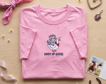 Giddy Up Goose Shirt, Embroidered Cute Raccoon Tee, Pink Coquette Western Tshirt, Funny Cowgirl Animal Apparel, Aesthetic Country Gift