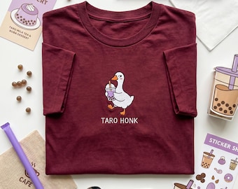Taro Honk Embroidered T SHIRT, Funny Goose Shirt, Cute Taro Milk Tea Embroidery Tee, Kawaii Purple Boba Bird Top, Gift for Bubble Tea Lovers