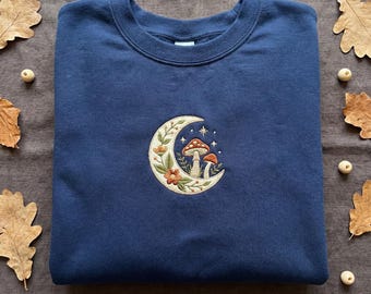 Embroidered Floral Crescent Moon Hoodie, Mushroom and Flower Sweatshirt, Celestial Botanical Shirt, Boho Moon Fungi Pullover, Earthy Gift