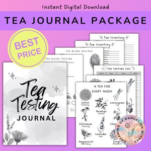 May include: A printable tea journal package with a black and white watercolor design. The package includes a tea inventory, tea tasting log, tea blend recipes, and a tea for every mood chart.