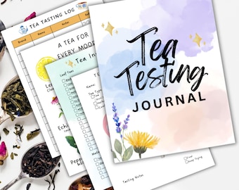 May include: A watercolour-style journal cover with the text "Tea Testing Journal" in black. The cover features a pink, blue, and purple watercolour background with gold stars and floral illustrations.