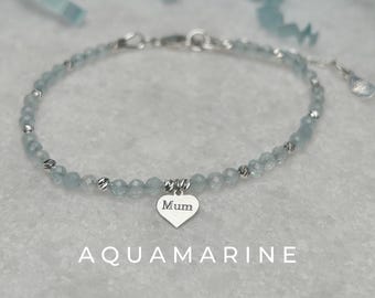Pulsera de aguamarina con piedra natal y dije de corazón para mamá, personalizada
