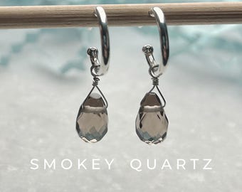 Smokey Quartz Drop Interchangeable Hoop Stud Earrings