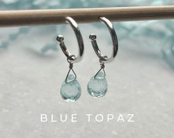 Blue Topaz Drop Interchangeable Hoop Stud Earrings