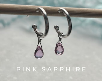 Pink Sapphire Drop Interchangeable Hoop Stud Earrings