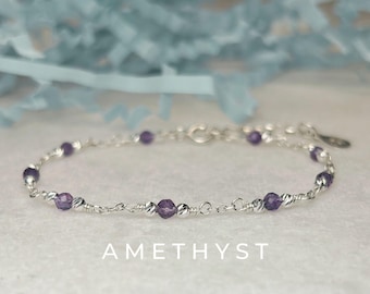 Pulsera de plata de ley personalizada con amatista, piedra natal de febrero