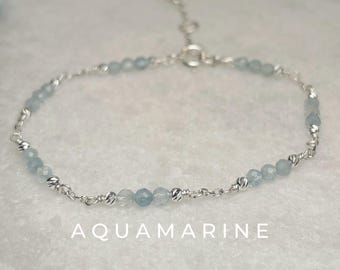 Pulsera personalizada de plata de ley con aguamarina y piedra natal de marzo