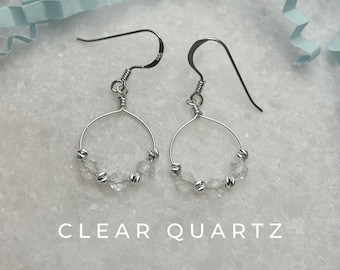 Pendientes de aro de plata de ley con cuarzo transparente, piedra natal de abril, personalizados.