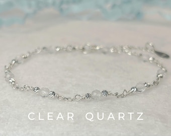 Pulsera de plata de ley con cuarzo transparente y piedra natal de abril personalizada