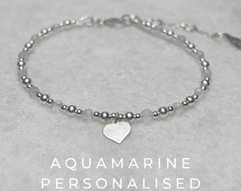 Pulsera de aguamarina con piedra natal de marzo y dije de corazón de plata personalizado