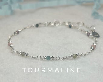 Pulsera de plata de ley con turmalina, piedra natal de octubre, personalizada